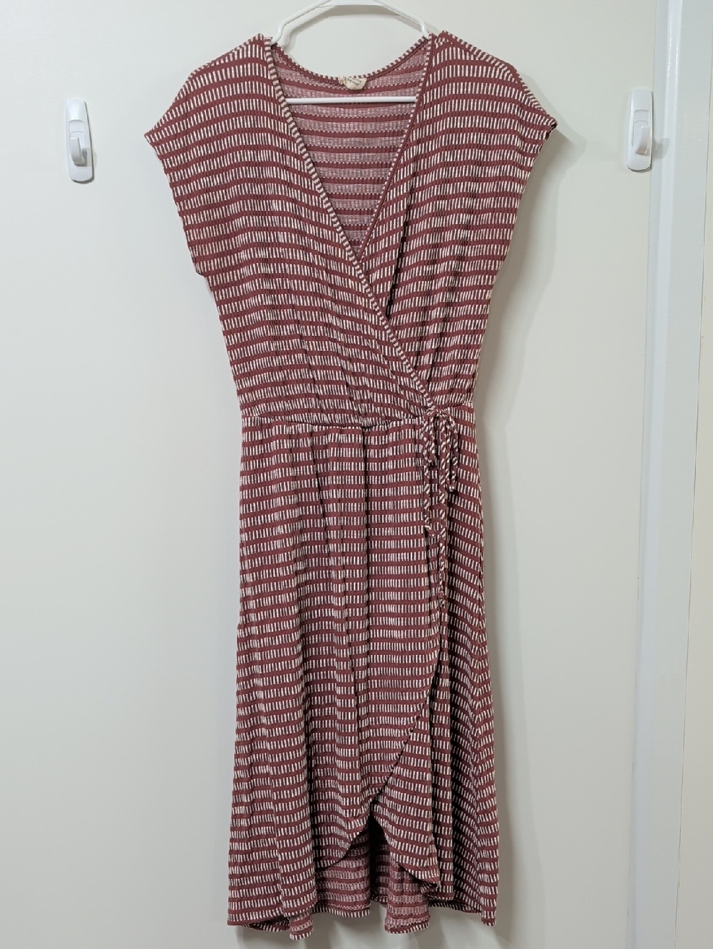 Caution to the Wind Plum & White Striped Faux Wrap Midi Dress